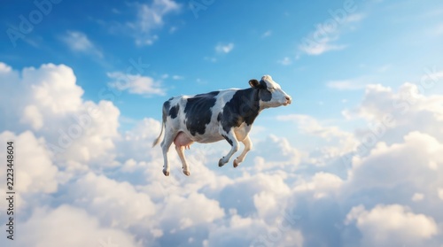 Surreal fantasy illustration of a black and white dairy cow flying gracefully high up in the blue sky among fluffy white clouds