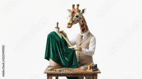 Surreal conceptual portrait of a dapper giraffe tailor wearing a vest and glasses while meticulously measuring rich green velvet fabric on a dressmaker's mannequin in a studio setting