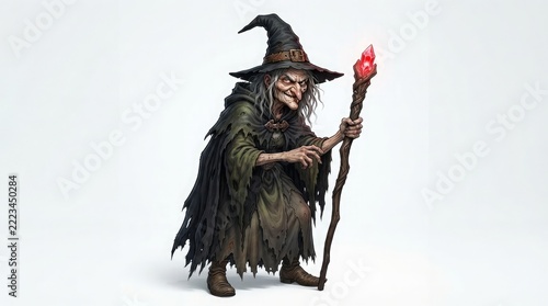 An old spooky witch wearing a black pointy hat and dark tattered robes holding a glowing red crystal magic staff