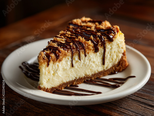 A close-up shot of a rich, creamy New York style cheesecake slice topped with chocolate drizzle and crumb crust, served on an elegant plate against a dark wooden table in soft lighting.
