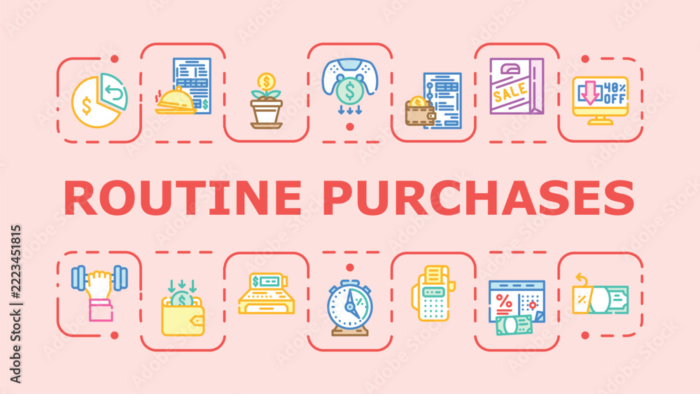 Fototapeta premium Routine purchases banner infographic. Savings retail, essentials order, payment checkout icon vector illustration