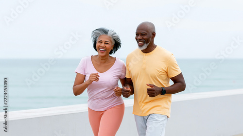 Older couple jogging together beside a seaside promenade, smiling in casual sportswear under a bright sky, active lifestyle and wellness portrait