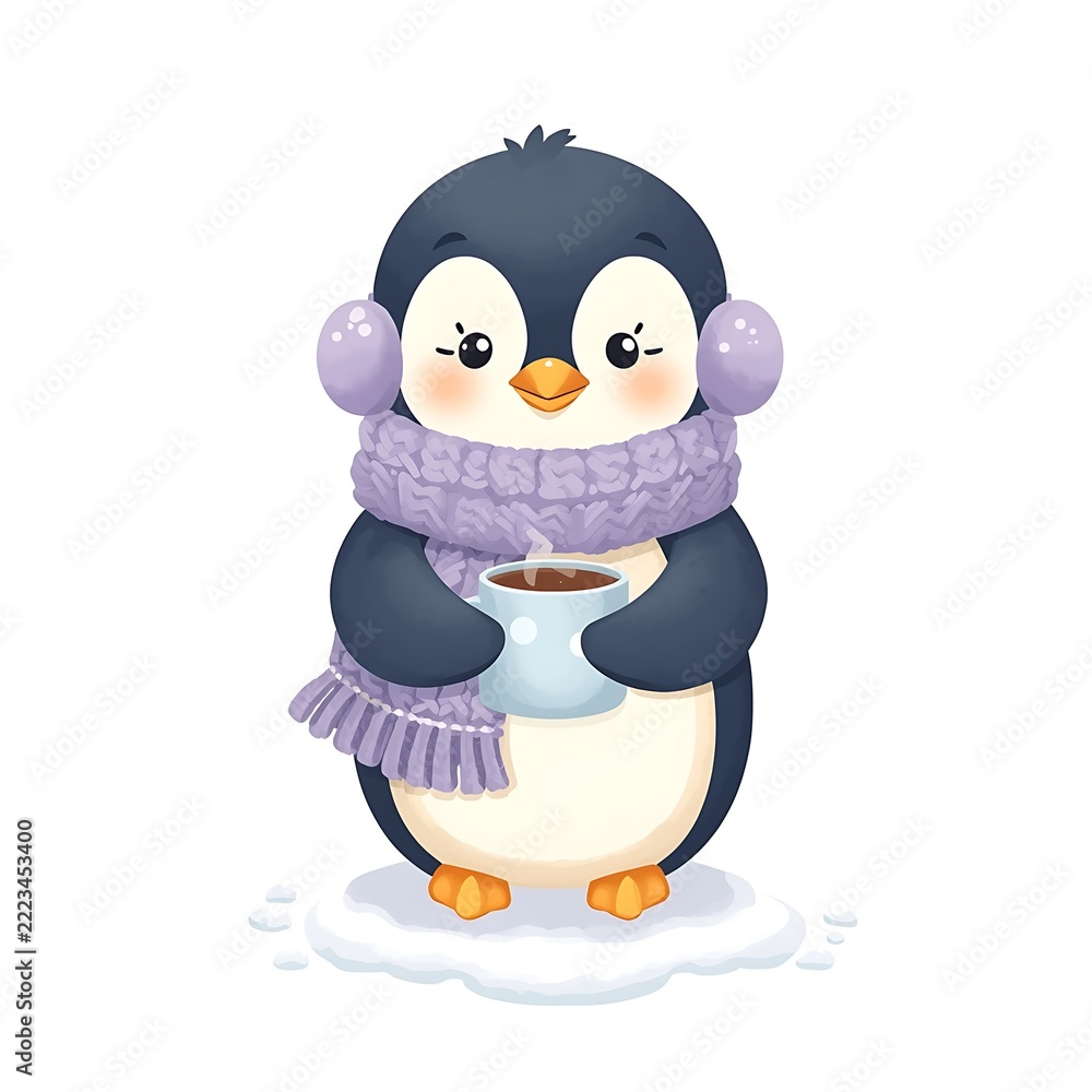 Fototapeta premium Penguin with Lavender Scarf Holding Hot Cocoa