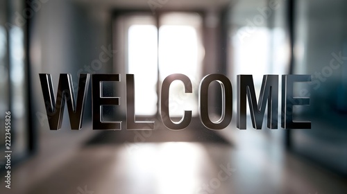 A bold  WELCOME  sign in metallic letters on a glass door  with a blurred hallway and bright in the background