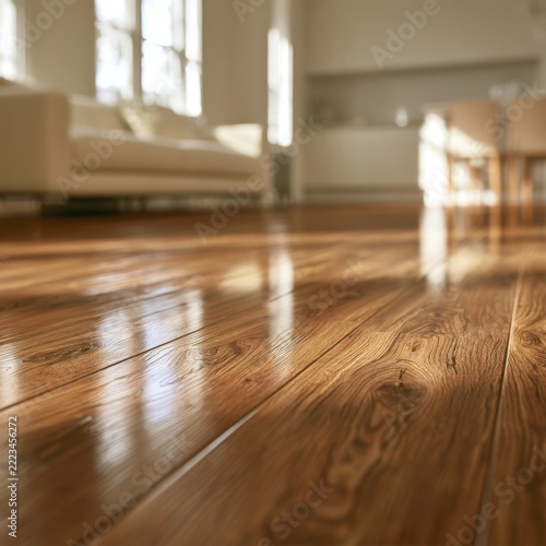 Sunlight dances on polished wooden floors in a cozy, modern living space