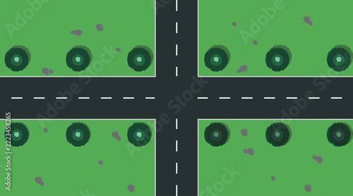 Green Land Plots with Asphalt Crossroad and Trees Vector Illustration Template