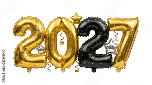 Golden and balloons forming the year 2027 on transparent background