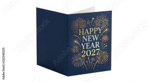 A navy blue Happy New Year 2027 card with fireworks on transparent background