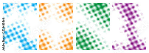 Set of four abstract halftone wave backgrounds with colorful flowing shapes