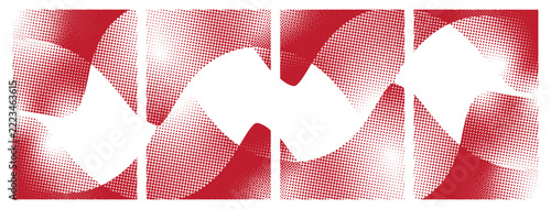 Set of four abstract halftone wave backgrounds with red flowing shapes