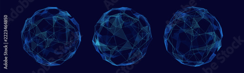 Blue digital technology network set of plexus spheres and collection of global network 3d cyber globes glow nodes on dark background for big data visualization science AI projects