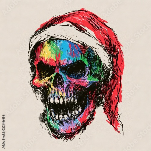 Cartoon-style skull portrait in seasonal colors with rough line art