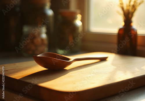 Artisan carved wooden spoon resting on smooth oak cutting board in autumnal kitchen with soft golden hour light