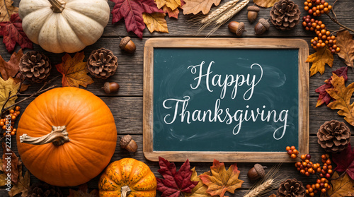 Autumnal harvest featuring pumpkins, acorns, pinecones, and colorful leaves arranged around a chalkboard with 