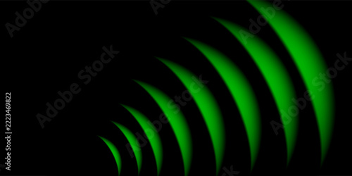 Green glowing wireless WiFi signal icon with curved arcs on black background.