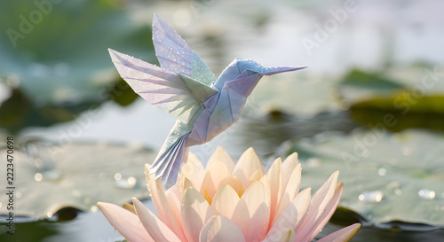 Origami Hummingbird Hovering Over Lotus Flower in Water