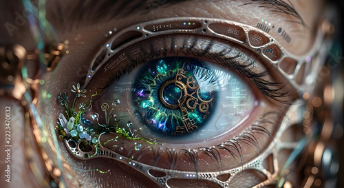 Cybernetic Eye with Biomechanical Gears and Glowing Nature Elements