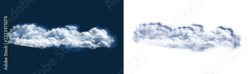 Fotografie An elongated fluffy white cloud formation isolated on a dark blue background, fe