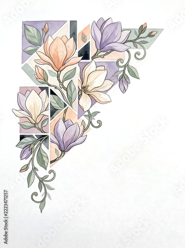 Watercolor magnolia flowers  with modern geometric shapes corner design on white background