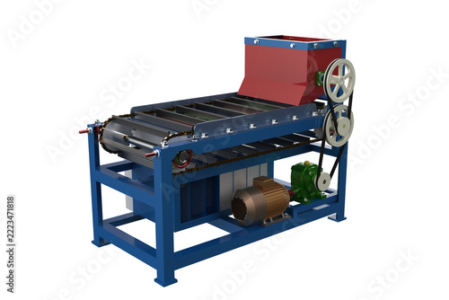 A high-quality 3D render of an industrial belt conveyor machine with a motor and hopper, isolated, cut out on a transparent background for professional manufacturing or engineering design.