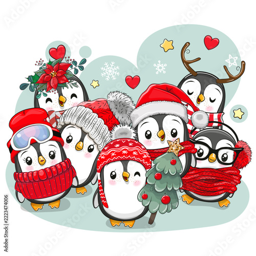 Seven Cute Cartoon penguins on the blue background