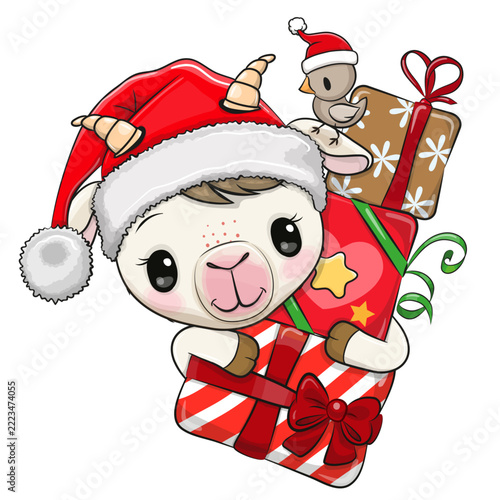 Cute Cartoon Goat with gifts in a Santa hat
