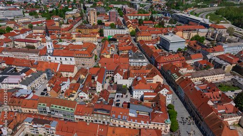 Obraz na plátně Celje City Downtown Aerial View Red Roofs Streets Slovenia