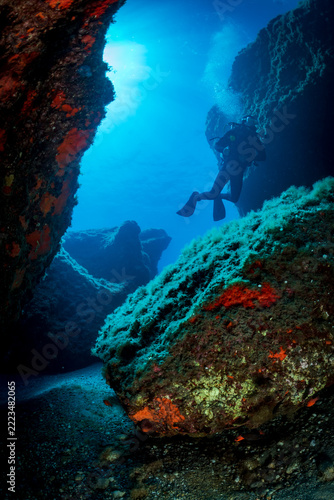 A diver explores the rocky seabed