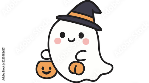 Fotografie Cute Halloween Ghost Wearing Witch Hat and Holding Pumpkin Candy Buckets