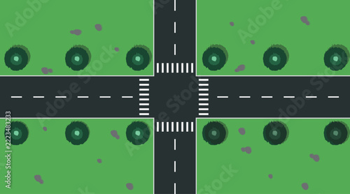 Green Land Plots with Asphalt Crossroad and Pedestrian Crosswalk Vector Illustration Template