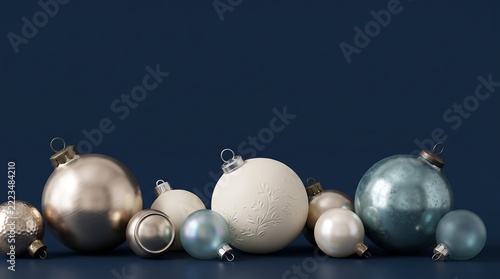 A collection of elegant Christmas baubles in shades of blue, gold, and white arranged on a navy-blue background, isolated on a white background.