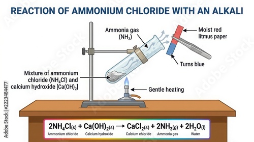 Scientific diagram showing chemical reaction of ammonium chloride