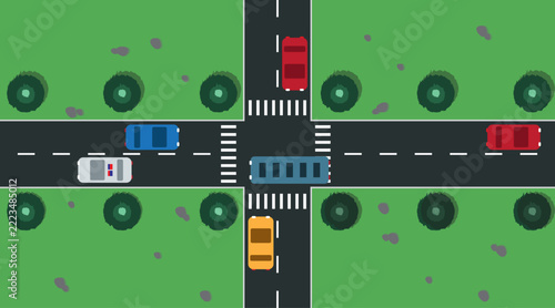 Urban Intersection Traffic Management Top View Vector Illustration with Cars, Bus, and Police Vehicle