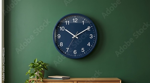 Blue Wall Clock Showing Ten Past Ten on Green Background
