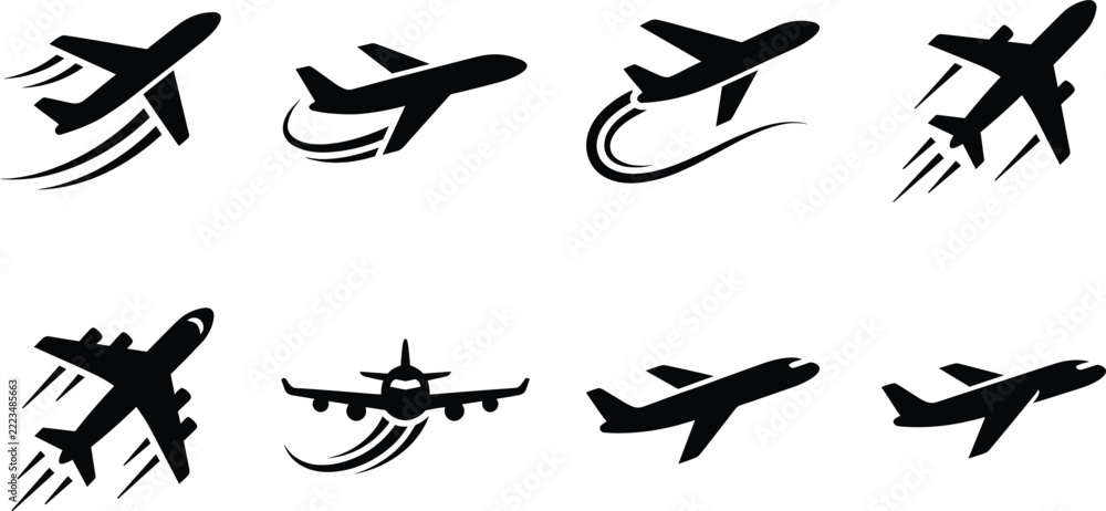 Fototapeta premium Airplane vector icons collection featuring passenger aircraft silhouettes, curved flight trails, aviation travel symbols, jet planes, and black transportation graphics