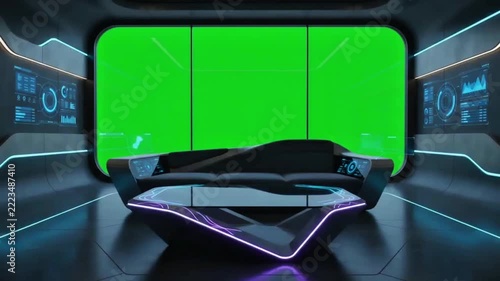 Futuristic Interior with Green Screen Display and Neon Blue Lighting