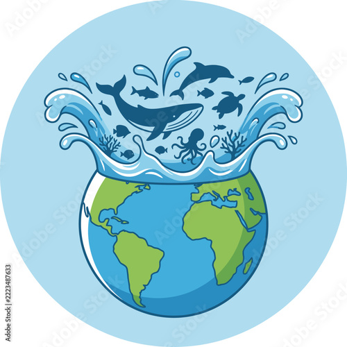 Ocean waves with sea animals splashing over earth globe.