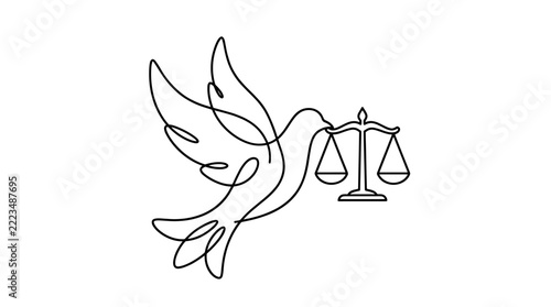 One line drawing of peace dove carrying justice scales.