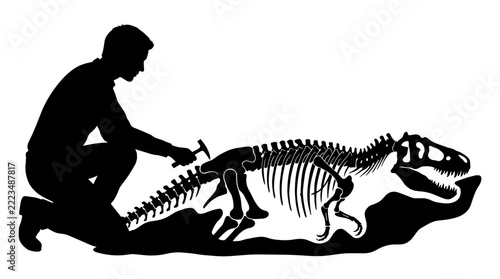 Paleontologist silhouette excavating dinosaur skeleton in black and white.