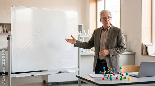Senior male professor gesturing towards a blank whiteboard in a science classroom with molecular model on desk