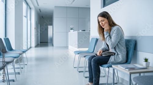 Woman suffering from toothache pain sitting in a dental clinic waiting room holding her cheek
