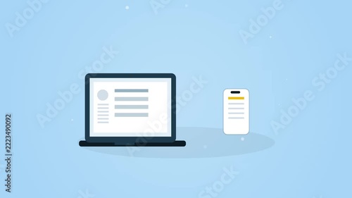 Vector illustration of laptop and mobile phone on a blue background representing digital devices and technology