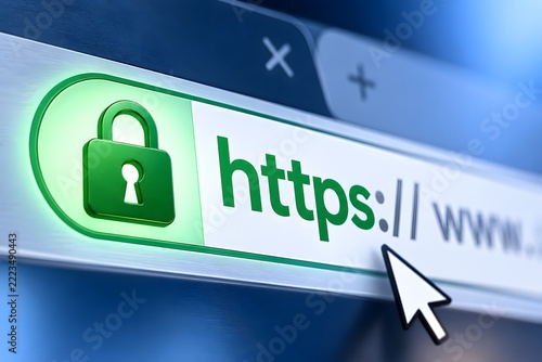 A secure internet connection with HTTPS protocol indicated by a padlock icon for concept of cybersecurity and online safety.