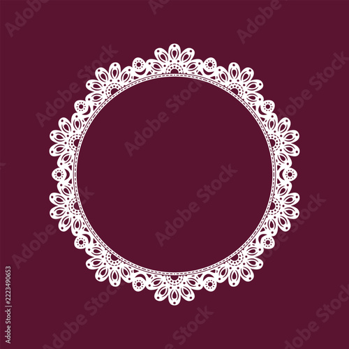 Vector round lace frame with graceful floral motifs and intricate ornamental edging. Vintage coquette style delivers elegant charm for wedding stationery and greeting cards.