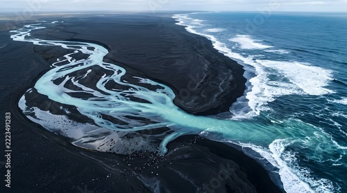 High-angle aerial view of a turquoise glacial river weaving through a black sand beach and flowing into the blue ocean on a cloudy day.