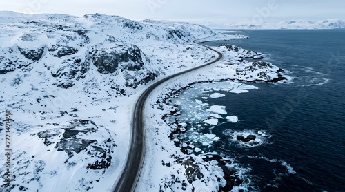 A winding coastal road snakes through a dramatic snow-covered landscape along the icy arctic sea in a remote northern region.