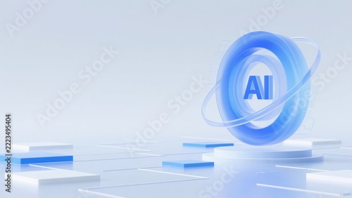 Blue circular AI symbol with transparent orbital rings on a minimal white futuristic platform, idea for artificial intelligence branding, digital innovation and technology presentations