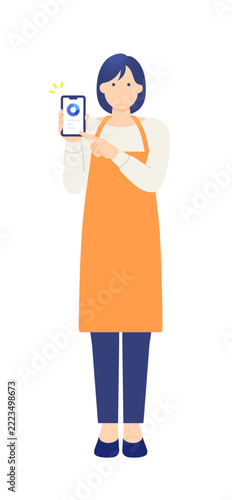 スマホで家計の内訳を見せる主婦 支出の割合を指差す女性の全身イラスト素材