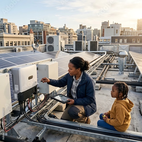 Father and son enjoying city view from rooftop.
