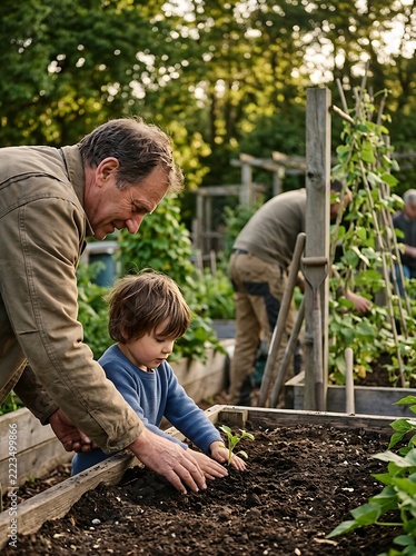 Father teaching son gardening skills outdoors.